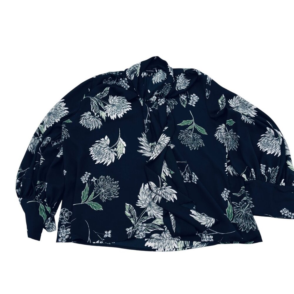 Who What Wear Black Floral Long Sleeve Blouse With Tie Neckline & Cuff Buttons W